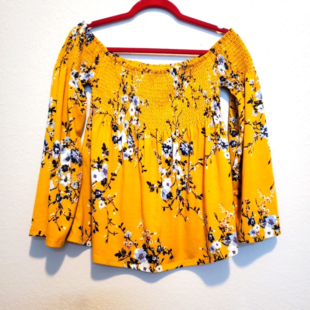 Xhilaration Yellow Floral Wide Off-sleeve Blouse
